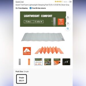 Camping ready! Ozark Trail Foam Lightweight Sleeping Pad 72.8"L X 21.65"W